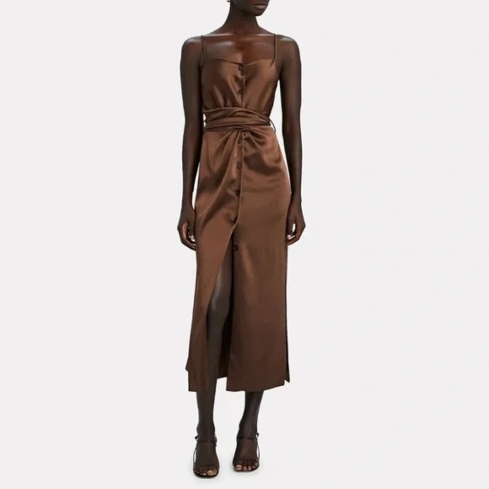 Nanushka Women’s Satin Sayan Slip Dress Brown Button & Tie Detail Size S Midi